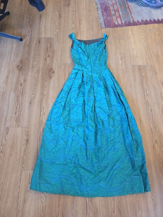 Vintage 1950s RAPPI Emerald Green Floral Brocade Gown - Rare 25" Wasp Waist - Picture 9 of 16